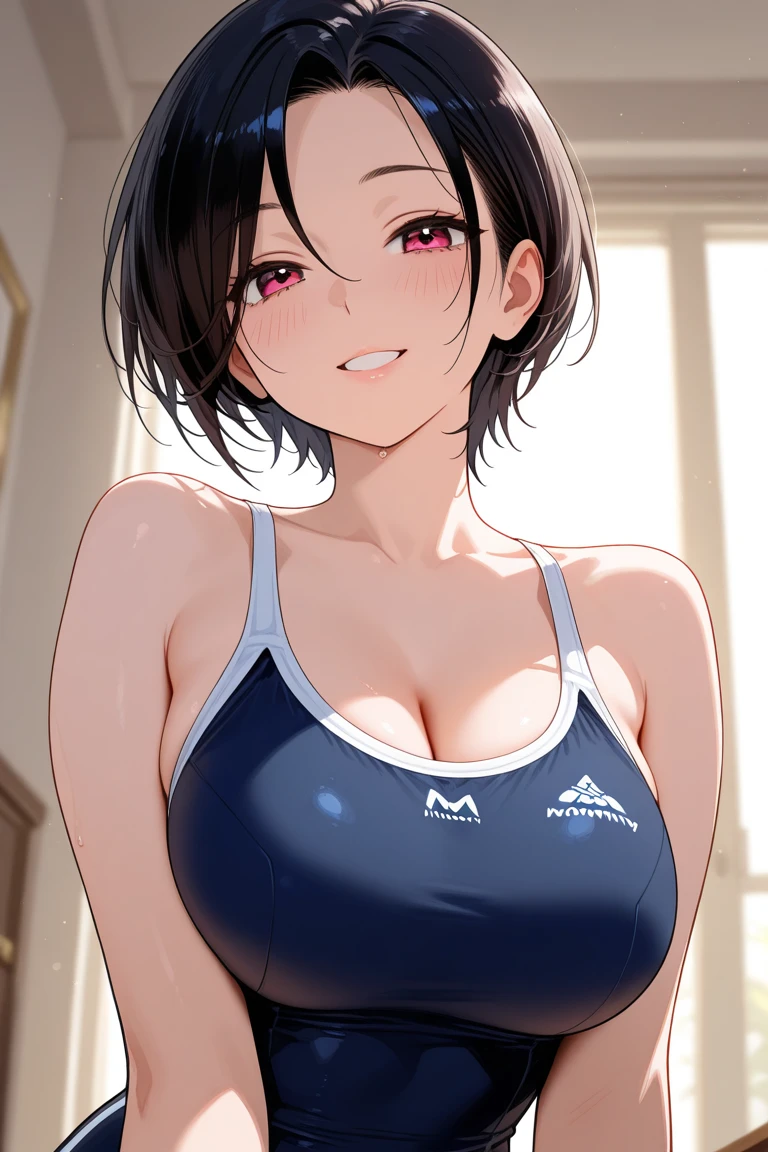 masterpiece:1.2, high quality, best quality, detailed_background,indoors,highres,neko (solution1988) massive breasts,upper body,open clothes,absurdres,blue eyes,gradient background,looking at viewer,sports bra,1girl,pony tail,bare arms,solo,animal ears,crop top,head tilt,cat ears,sunlight,slight smile, sports leggings