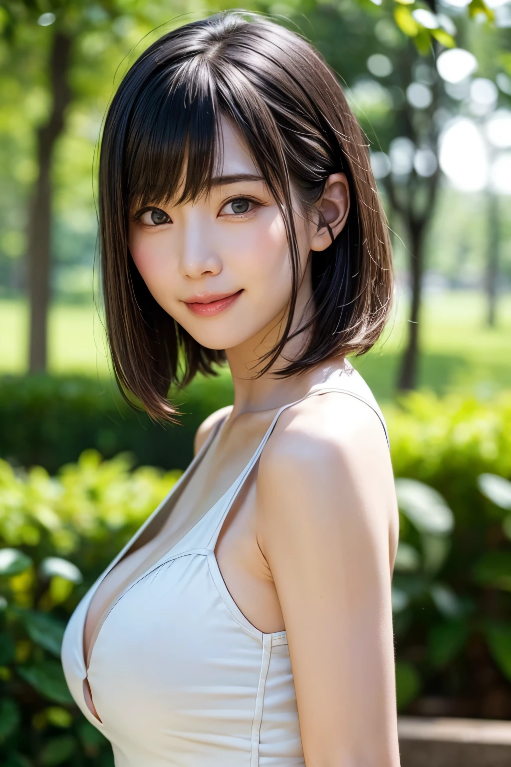 Medium Shot、((Upper Body))、(highest quality:1.5)、(Realistic:1.5)、(1 person:1.5)、(Very detailed)、(High resolution)、8k、((Wear an off-the-shoulder dress))、Slightly small breasts、Natural color lips、Cute Smile、20-year-old girl、(Beautiful and elaborate face)、(Perfect and beautiful face)、(Big eyes)、(Beautiful and elaborate face)、(Beautiful, balanced eyes)、Perfect and beautiful double eyelids、Perfect and beautiful face、Arched eyebrows、 Thin eyebrows、Feminine poses、Slim face、Slim figure、Beautiful and thin nose、 Beautiful Skin、(Medium Bob Hair)、Natural Bangs、Fair skin、Front lighting、(Lighting the face)、(Beautiful cleavage)、Deep blue eyes、Slim waistline、Sitting in a flowerbed in the garden、A garden full of red roses、