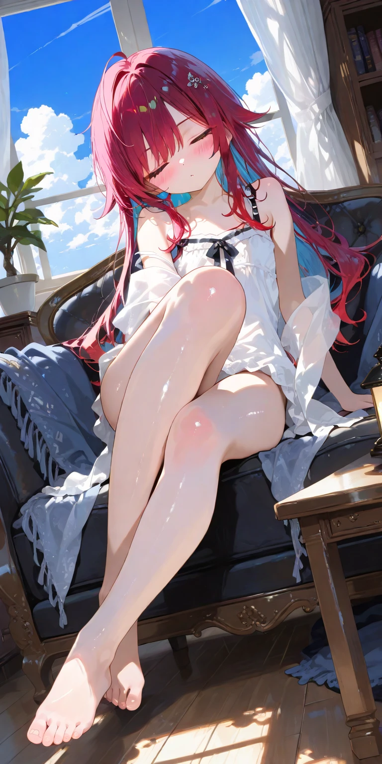 1 woman, sitting down legs outstretched, (((((UHD))))), (((((masterpiece))))), ((((super detail)))), high details, ((((high quality)))), ((((best quality)))), (((highres))), ((((16k)))), ((Shadows)), ((bright red hair)), hair over shoulder, side swept bangs, (tank top and skirt clothing), ((all white clothing pallet)), (colourful), heart-shaped pupils, one eye closed, sparkling eyes, ((big beautiful light blue eyes)), crystal earrings, grin, bright pupils, (evil seductive smile), natural lips, light blush, cheek-to-cheek, sparkle, god rays, backlighting, reflection light, bloom, dutch angle, perspective, from below, from the front, (close up of feet), picture focused on feet((defined jawline)), (Royalty), ((16:9 image), (landscape imagery), feet facing upwards, wearing fluffy socks, facing camera,
