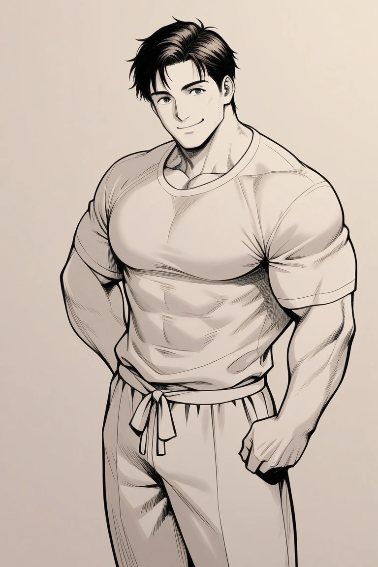 masterpiece, best quality, 1 man, Solitary, Baldhead， Look ahead, Smile, Flexing muscles, Strengthen your muscles, shorts，Line Art, monochrome, 