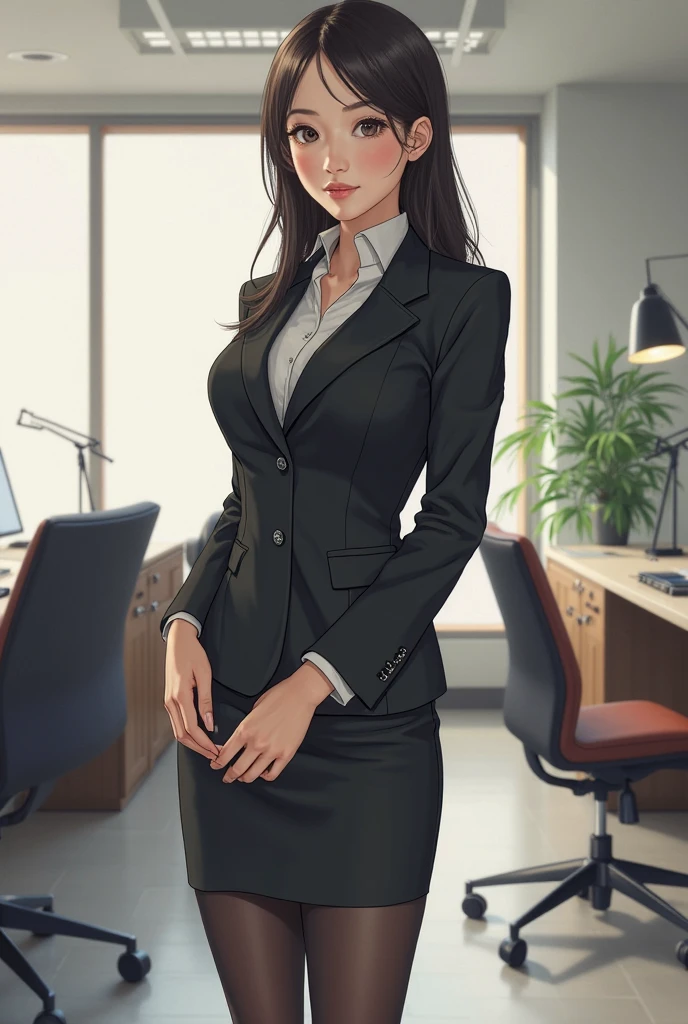 masterpiece,best quality,bold colors,vivid coloring,Rich pigmentation,Vibrant and dynamic tones,Striking hues, absurdres, illustration, 8k,perfect lighting,hdr,realistic, ultra-realistic, cowboy shot, Photo realistic,(hyperrealistic:1)textured skin,shiny skin,skindentation, beautiful body, (blush:1.2) mature woman, milf, black hair, brown eyes, long hair,(wearing collared shirt,cropped jacket, business suit,pencil skirt, skirt, brown boots, boots, leather boots) (hourglass body, thin waist,very slim waist)extremely detailed face,detailed eye makeup, detail face, nice detailed eyes,nice hands, perfect hands <lora:Honjou_Yuri_LoRA:.80> <lora:beautifulDetailedEyes_v10:0.50> (realistic pupils,realistic iris:1) heavy eye makeup<lora:add_detail:.50> <lyco:GoodHands-beta2:.90> <lora:ryanreos-lora-v1-32dim-3ep-naivae:.40> (standing at attention)