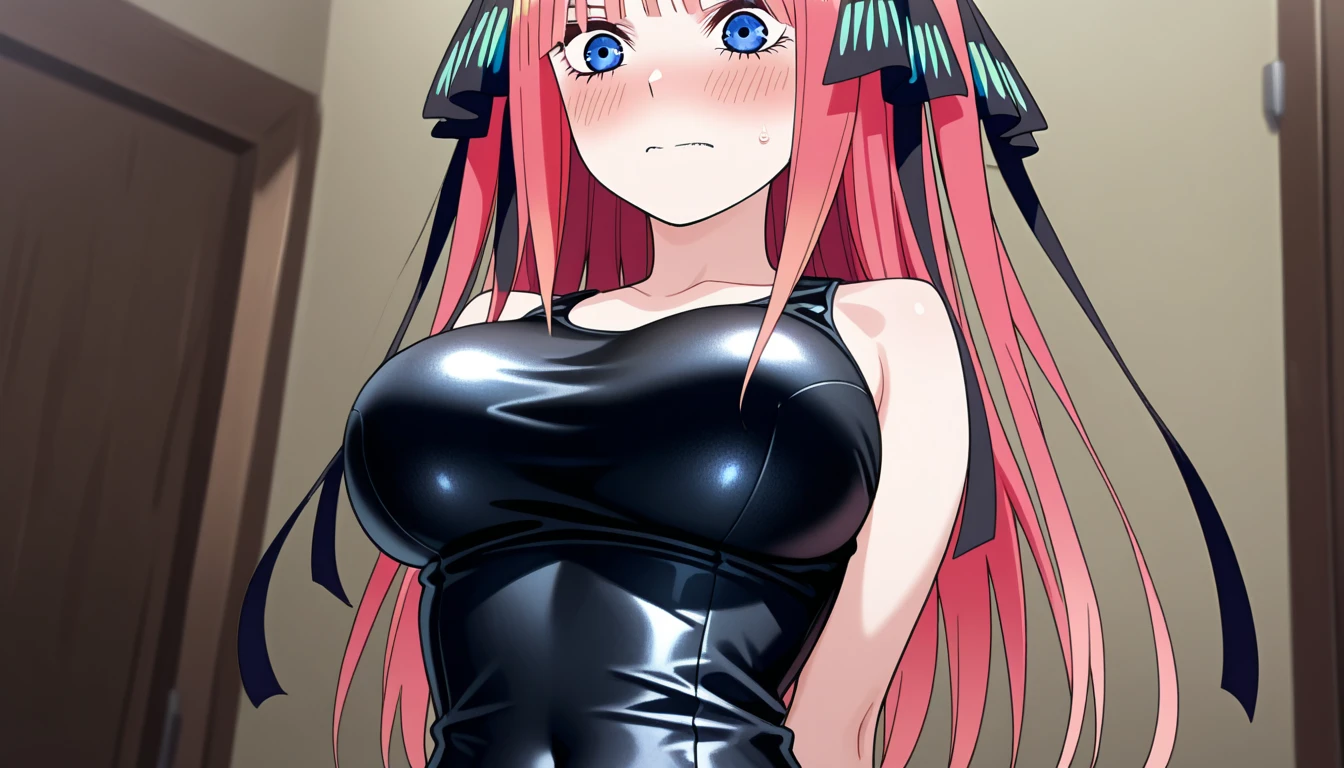 best quality, insanely detailed, nino nakano, breasts, blush, bedroom background, looking at viewer, cheerful eyes, masturbation, pussy, nsfw,arousal, tight latex suit,