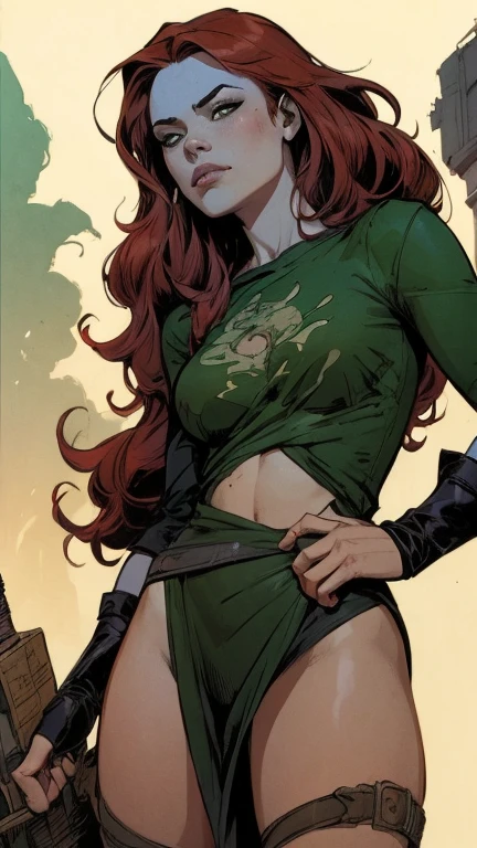 A sexy Russian woman big breasted beautiful cute long wavy dark red hair her gray eye big black eyebrow big eyelash black red lip soft cheek she dresses dark green corse shows navel and light green pants big thigh sensual yellow boot