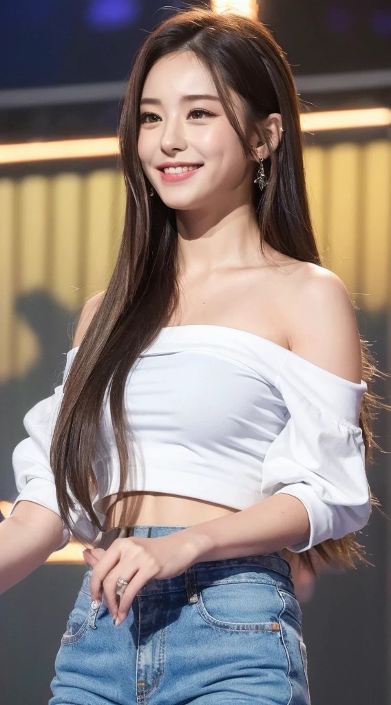 1 Girl, Beautiful women attending a beauty seminar, Sitting in a grey chair, Microphone in right hand, Busy, An LED backdrop that makes her photos stand out, on stage, Wood environmental background, Sunburned skin, White shirt, Showing cleavage, close, Looking Camera