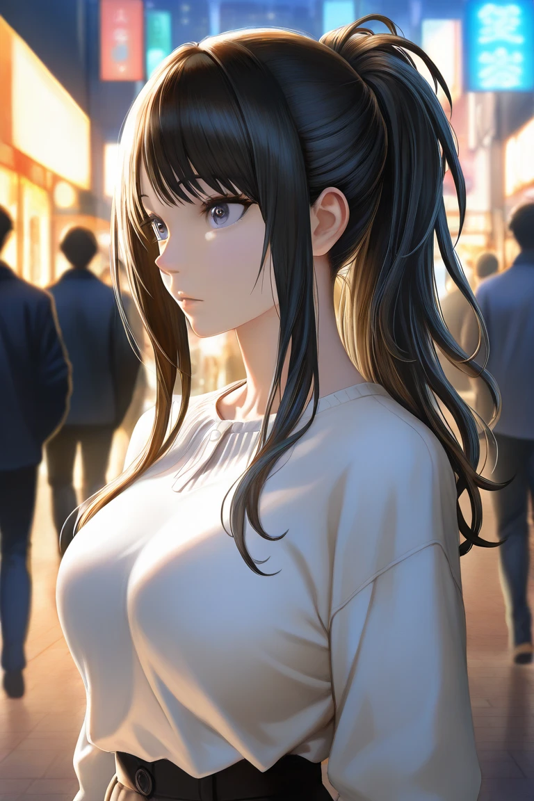 Best quality at best, realisticlying, 1个Giant Breast Girl, maam,(Dentate skin), middlebreast, (bright), (profesional lighting, bokeh), (the street), people, crowd of, Braided bangs, (Women's shirts:1.5), (dressed in:0.8), a gorgeous, full bloom, Fluttering, (dynamicposes:0.6) , gentlesoftlighting,