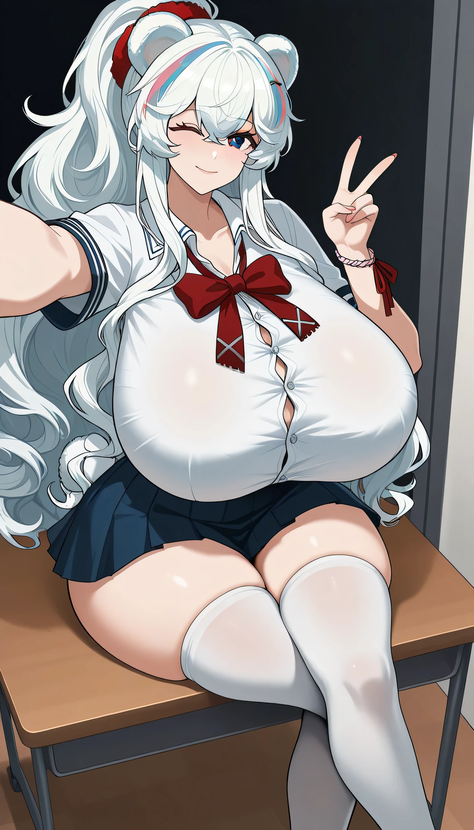 rosa_\(arknights\), heterochromia,red eye, blue eye,white hair ,streaked hair,bear ears,bear tail,long hair,wavy hair,ponytail,wavy ponytail, ,curvy,wide hips, thick highs, huge butt, huge breasts, (gigantic breasts1:8), sagging breasts, gyaru, schoolgirl uniform,hairpin,sitting on desk, short sleeve button up shirt, scrunchie wristband ,loose ribbon,red ribbon bracelet, miniskirt, tiny miniskirt, plead skirt,legs crossed,front view, looking at viewer,smile, wink, peace sign, selfie,hand towards viewer, taking selfie
