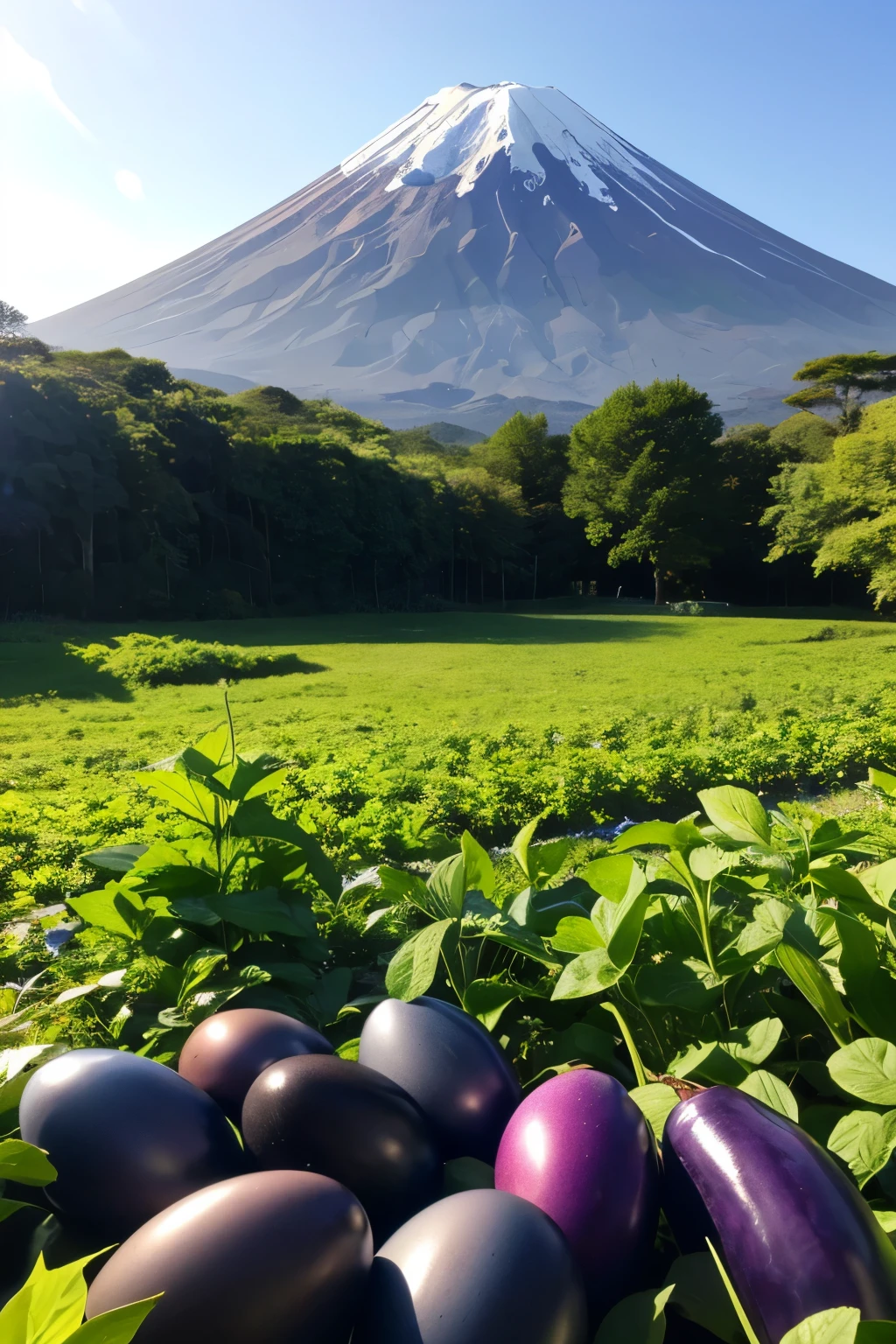 Highest Quality、masterpiece、Clear blue sky、Eggplants are growing just before a hawk flies in the distance、Eggplants are growing in the foreground、 Mount Fuji in the background 、 by the back light of the snake