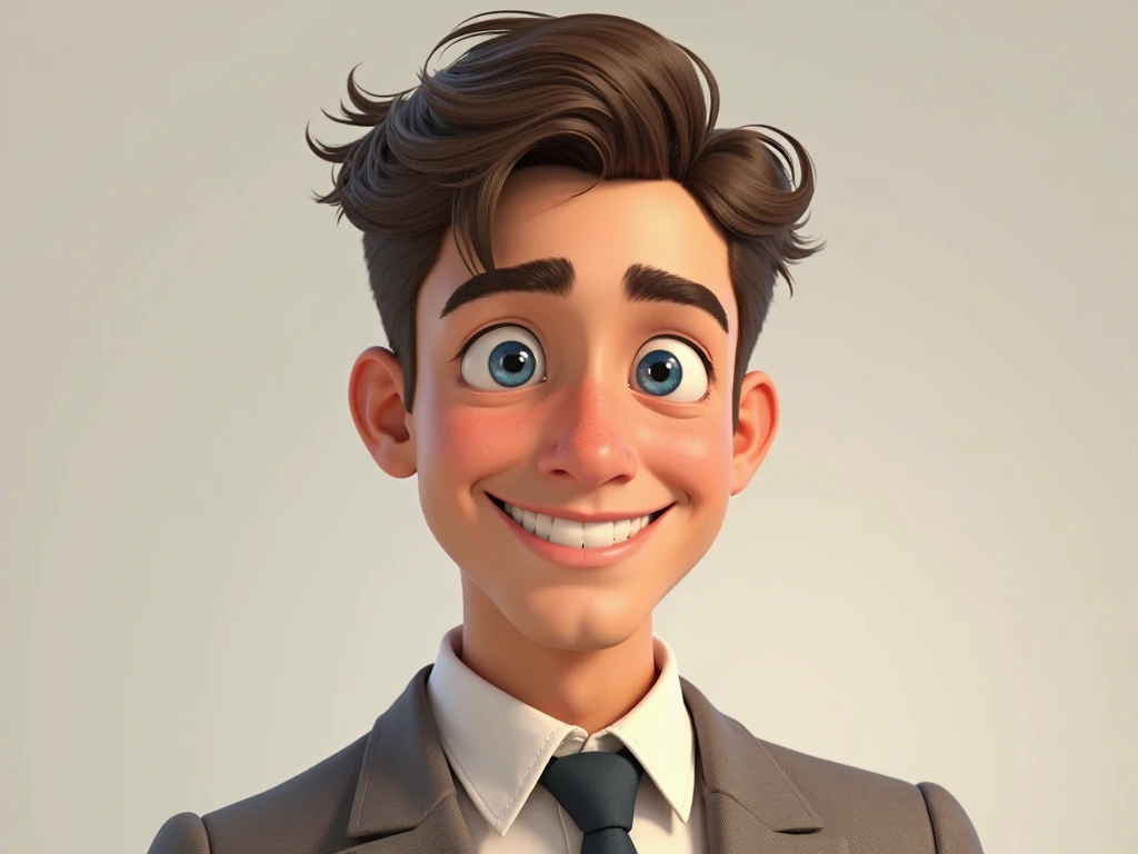 young man in elegant suit, smiling, big round blue eyes, authentic style