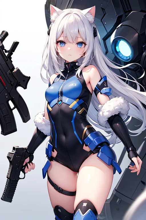 ((Masterpiece)), ((Top quality)), (Super detailed), (Cute), (Lovely), (Sexy), ((Very detailed)), 4K, (8K), Top quality , (Good condition), Illustration, Silver hair, Long hair, Blue eyes, Beautiful girl, Slender, (((White bodycon suit, high neck))), (((Blue tight skirt))),white panties, Thigh-high boots, High heels, Fingertip gloves,cleavage, ( Handgun), buttocks, body harness, dark building corridor at night, neon trim, white shiny clothes, ear antenna, hair band, armpits, science fiction, headgear, mechanical arm, mechanical chest armor, mechanical leg armor, sweat, , neon trim,white shiny clothes,6 heads and bodies, ,,smile, ,medium_breasts, ,head-mounted_display, ,jacket, jacket harness, mecha_musume , armor strap,covered_eyes, facing_viewer ,bangs, ,visor_(armor), shame, digging into the crotch,mtu virus, multiple views,mecha musume, headgear, mechanical arms,