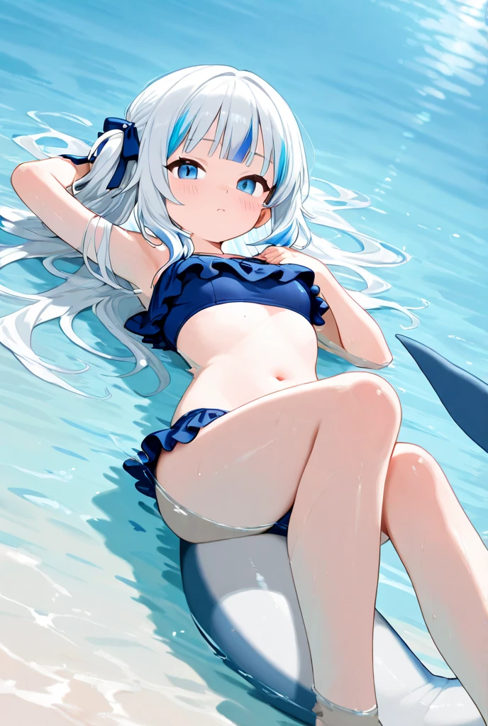 Bikini anime girl sitting on rubber ring, Perfect white haired girl, in a bathing suit, white haired Cangcang, Girl with white hair, rimuru, White-haired, mikudayo, , white hair floating in air, Kantai collection style, cel shaded anime, swimsuit, at pixiv, full bodyesbian:: Sunny weather::, relaxed poses
