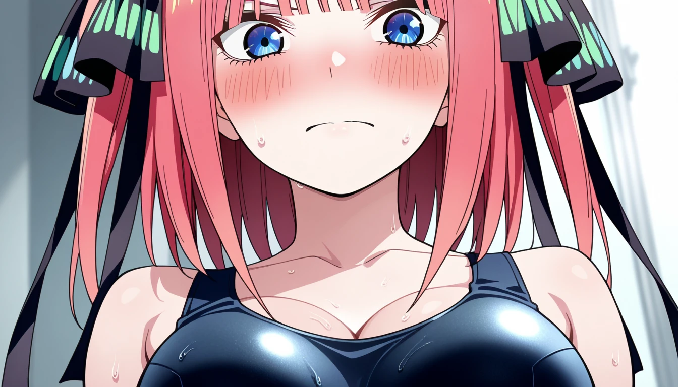 「nakano nino(go-toubun no hanayome), pink hair, long hair, two side up, blunt bangs, hime_cut, blue eyes, hair ribbon, two black ribbons on the side of the head, large breasts, micro bikini,pool, {{{tsundere}}}, angry」