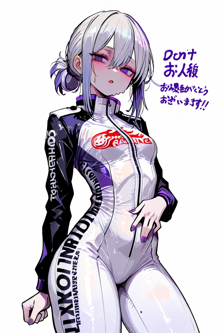 Top Quality, 8K, 4K, High Definition, Detail, (better-quality, 8K, 12), top-quality, 1 girl、purple short bob hair clip tied into a bun、black eyeedium breasts、uniform、gray jacket with pink line, fingerless gloves、thighs、Ilcha fousing on her, surprise face, having her hands her face, making cute surprise expressing. picture pose, she is standing up, (NSFW)