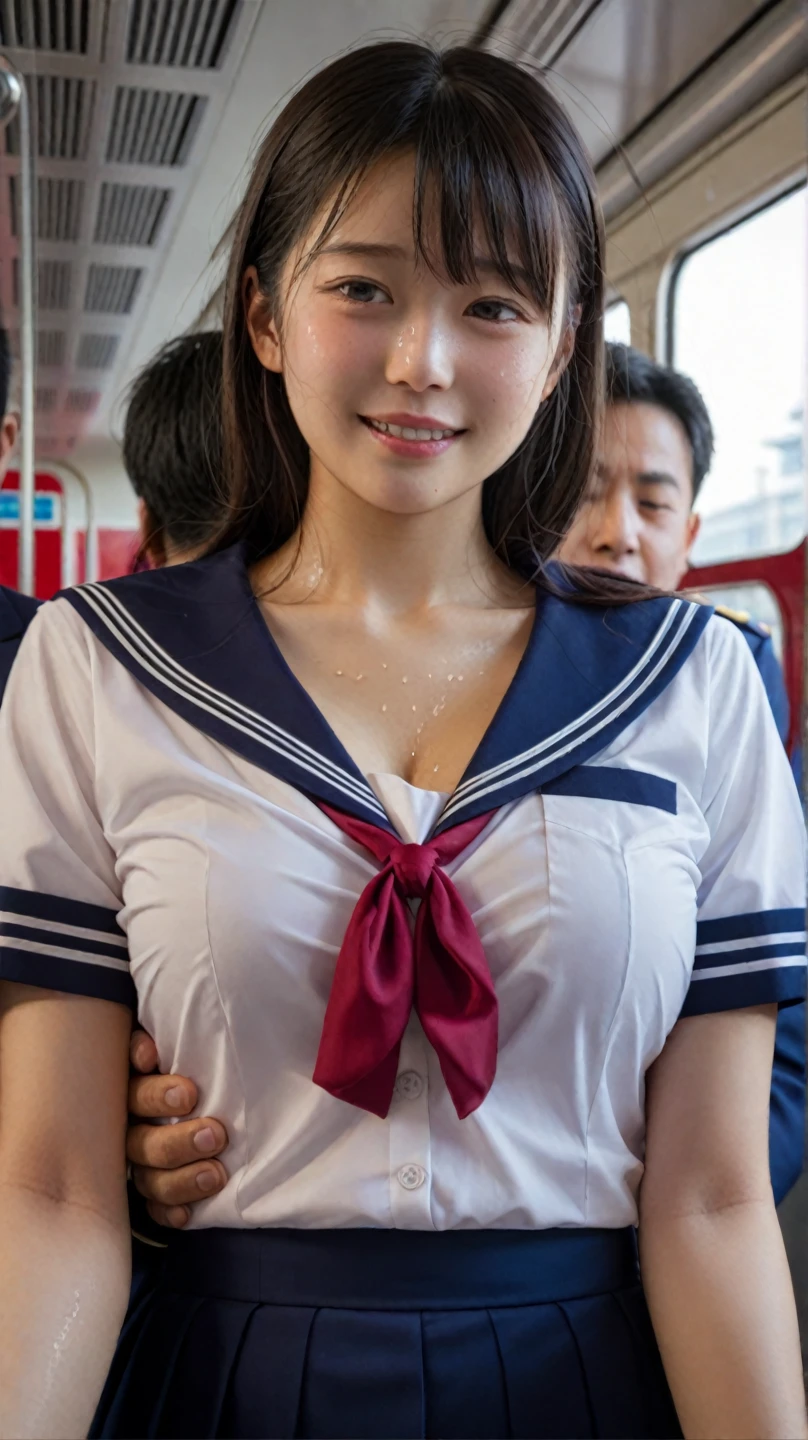 (((sailor suit)))、kind and happy smile、((looks happy:1.3))、panting face、excited look、short hair、glasses、realistic,High resolution,soft light,beautiful slender girl, blue eyes, elegant and sexy, japanese woman、very big breastasterpiece、highest quality、very detailed、crowd surfing、very realistic face、very realistic eyeasterpiece、highest quality、very detailed、1 girl、crowd,(((Pussy))),(((Only the lower body is naked))),(((on the train))),(((navel))),(((whole body))),(((nsfw)))