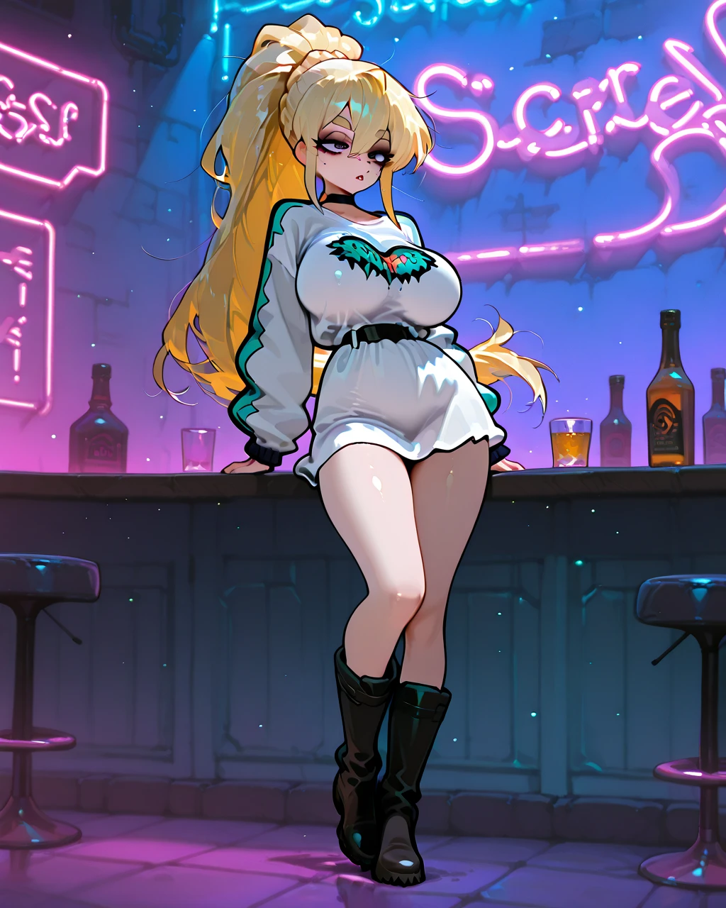 score_9, score_8_up, score_7_up,score_6_up, score_5_up, score_4_up , huge breasts, 1girl, solo, HolliW, holliw,smoking,cigar,cigar on hand,smoke,makeup, blonde hair, bangs, side locks, thick eyebrows, hair between eyes, makeup, White Dress, White leotard, see-through, white choker, thigh boots, breasts apart, sitting,crossed legs, bar \(place\), neon lights, light particles, annoyed, half-closed eyes, dim_lighting,