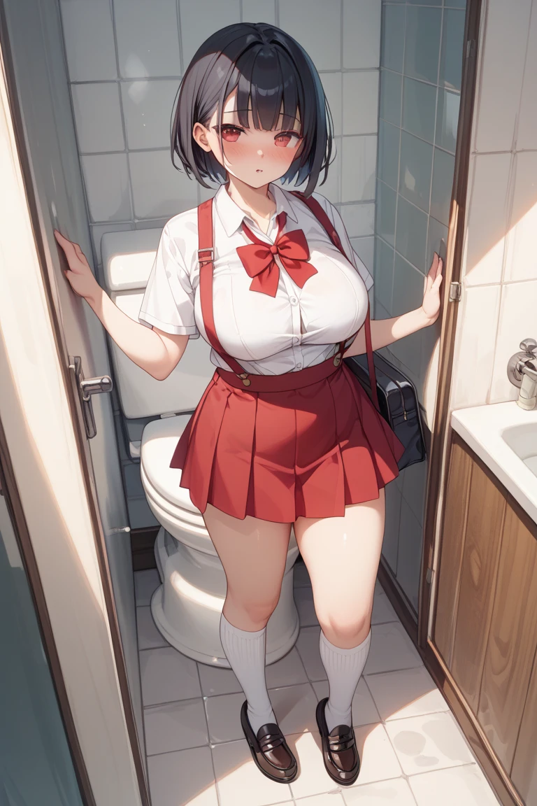 ((masterpiece,best quality)), highres, extremely detailed 8K wallpaper, depth_of_field, cowboy shot, solo, 1girl, mogami \(kancolle\), black hair, short hair, black eyes / green eyes, swept bangs, small breasts, slender, skinny, smile, (full-face blush), school uniform, serafuku, brown shirt, black neckerchief, belt, brown skirt, kneehighs, black socks, black footwear, boots, white string thong, (full-face blush), embarrassed, BREAK, Flashing panty, (Skirt lift:1.4), (lifted by self:1.4), string thong focus, (restroom:1.2),(urinal:1.3), dirty, trash, cracked wall, dark, broken, abandoned, (night:1.5),(dark background:1.1), extremely detailed hands, ((accentuate white string thong)), ((skirt grab with both hands)),
