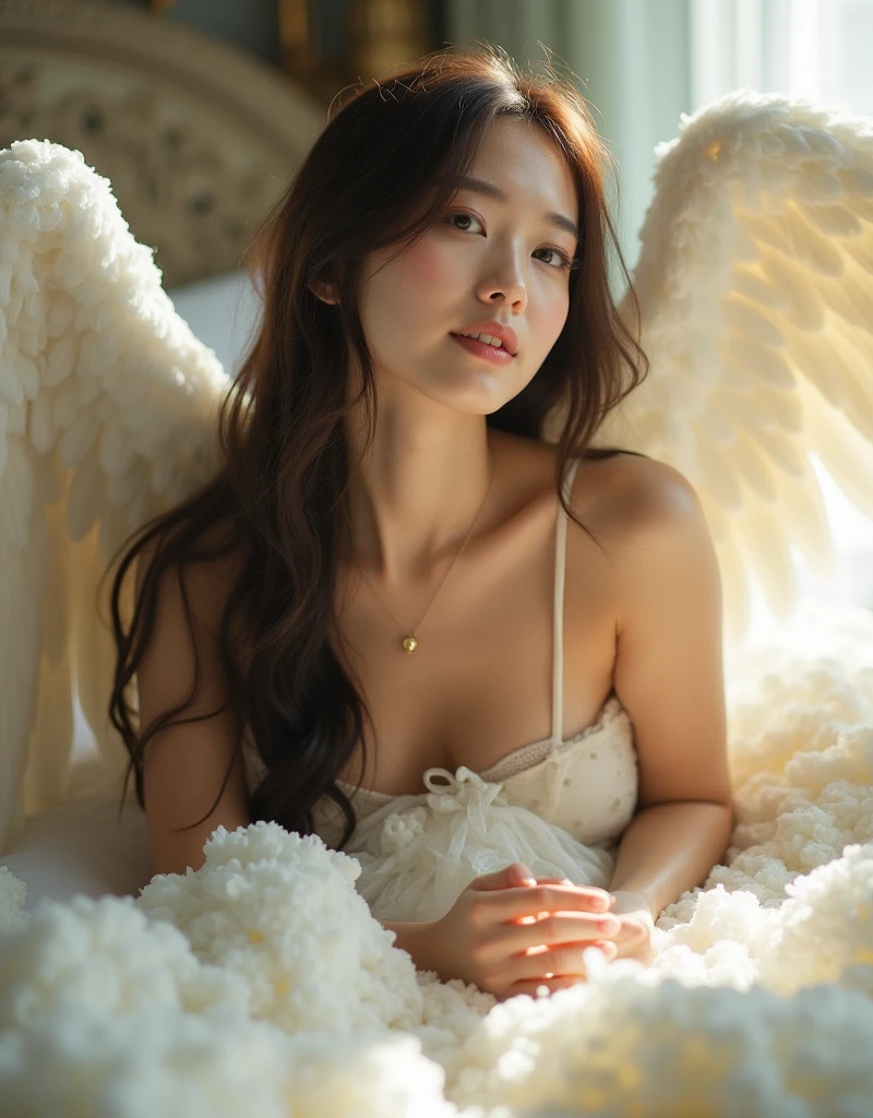Female angel with two white wing,full body portrait or statue、Sandro Botticelli painting style,Arguments of two female Philosophe,math、astronomical machine、astronaut、roses in vase、fruits、Cute trinkets、smile、ancient greek costume、Ancient Roman landscape in the style of Nicolas Poussin,laughter,,Sweet and seductive appearance.、Caravaggio's paintings、Chiaroscuro of Caravaggio、hair tousled by the wind,Two women frolicking,cute smile, expression of ecstasy,Sexy,erotic