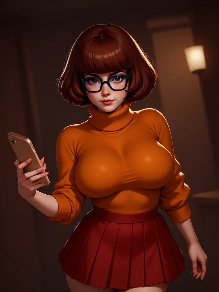 source_western, Velma dinkley, orange turtleneck, glasses, 1girl, ,shirt up, nipples, breasts out, brown eyes, big breasts,bathroom setting, dark background, upper body selfie, holding a phone, closeup shot, cute smile, wink, showing tip of a tongue, score_9, score_8_up, score_7_up, score_6_up, score_5_up, score_4_up,