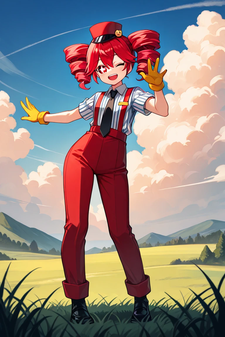 (RonaldChan:1), smile, cute, cute pose, looking at viewer, thick thighs, afro, large breasts, (yellow gloves, striped thighhighs, striped sleeves),
(realistic:1.2), (realism), (masterpiece:1.2), (best quality), (ultra detailed), (8k, 4k, intricate),(full-body-shot:1),(Cowboy-shot:1.2), (85mm),light particles, lighting, (highly detailed:1.2),(detailed face:1.2), (gradients), sfw, colorful,(detailed eyes:1.2),
(detailed ladscape, city, building, street:1.2),(detailed background),detailed landscape, (dynamic angle:1.2), (dynamic pose:1.2), (rule of third_composition:1.3), (Line of action:1.2), wide shot, daylight, solo,
 <lora:McDonaldChan_characeter-20:0.6> <lora:reiqStyleLORA_v2:0.6>