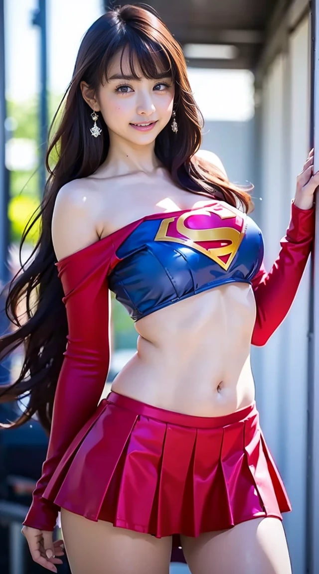 (((master part, best quality, ultra detalhado, alta qualidade, best resolution, Absurdo))), 1girl((supergirl),18 anos, Beautiful woman, Rosto detalhado, longos cabelos loiros, cabelos soltos, belos olhos azuis expressivos brilhantes, sexy, corpo definido, seios enormes perfeitos, Corpo Perfeito, corpo inteiro, camisola vermelha de tulle transparent  e calcinha azul