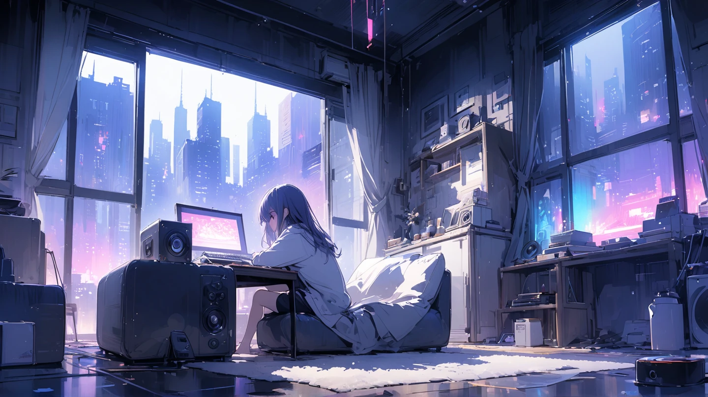 there is a girl sitting on a bed in a room playing video games, big television, teen room with books, cyberpunk, inspired by Liam Wong, at night, dark room, lo-fi illustration style, gamer room, studying in the room, cyril rolling over and m.w kaluta, teen room.