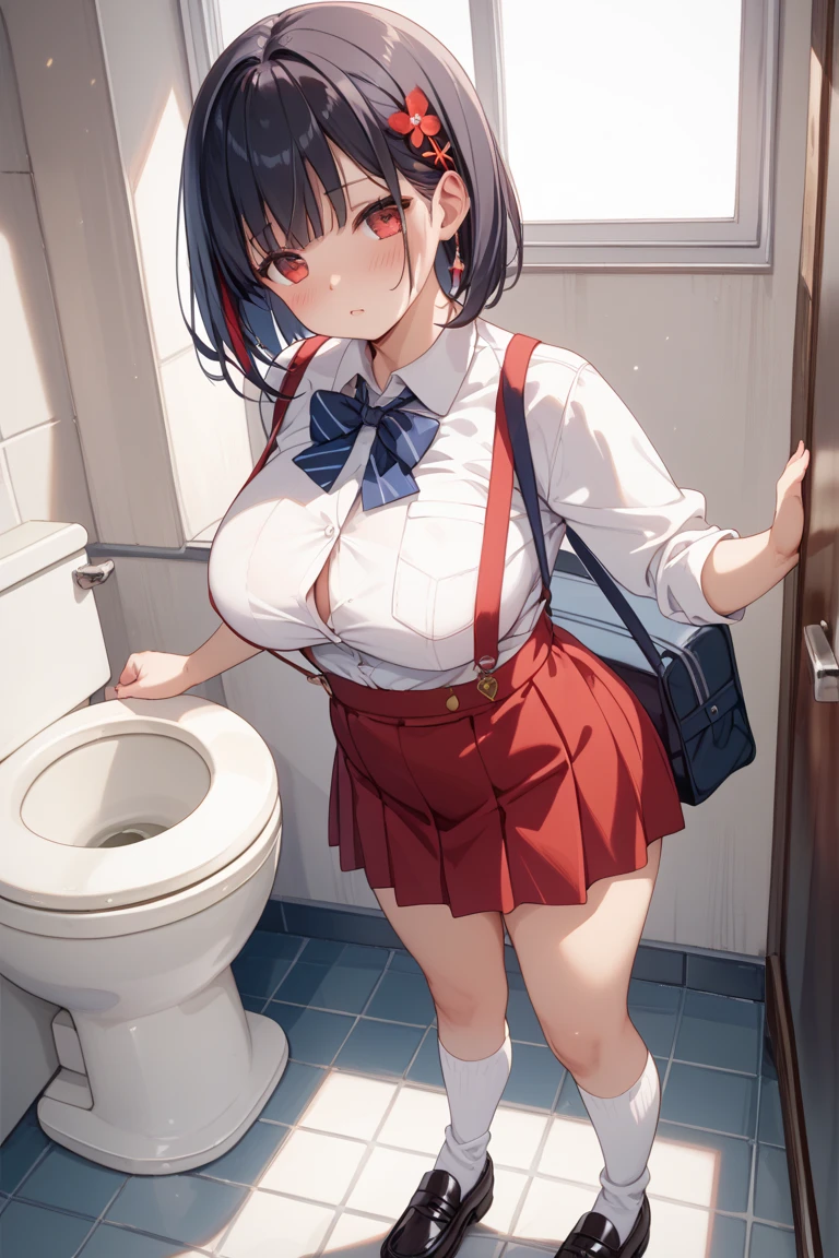 solo 1 girl standing with open legs, (school uniform), too short miniskirt, huge perky breasts, bursting breasts, short torso, inconceivably thin waist, lifting own skirt, thin long legs, nose blush, open mouth, nsfw, heavy breathing, (show off squirting vagina for viewer)