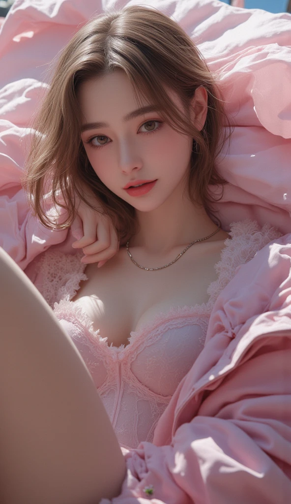 Sleeping Girl, 20 years old, Realistic,barechested, Expressions of satisfaction and relief, Brown hair. Pink bed theme and some cute stuffed animals on the bed,An ultra-high picture quality,high-detail,