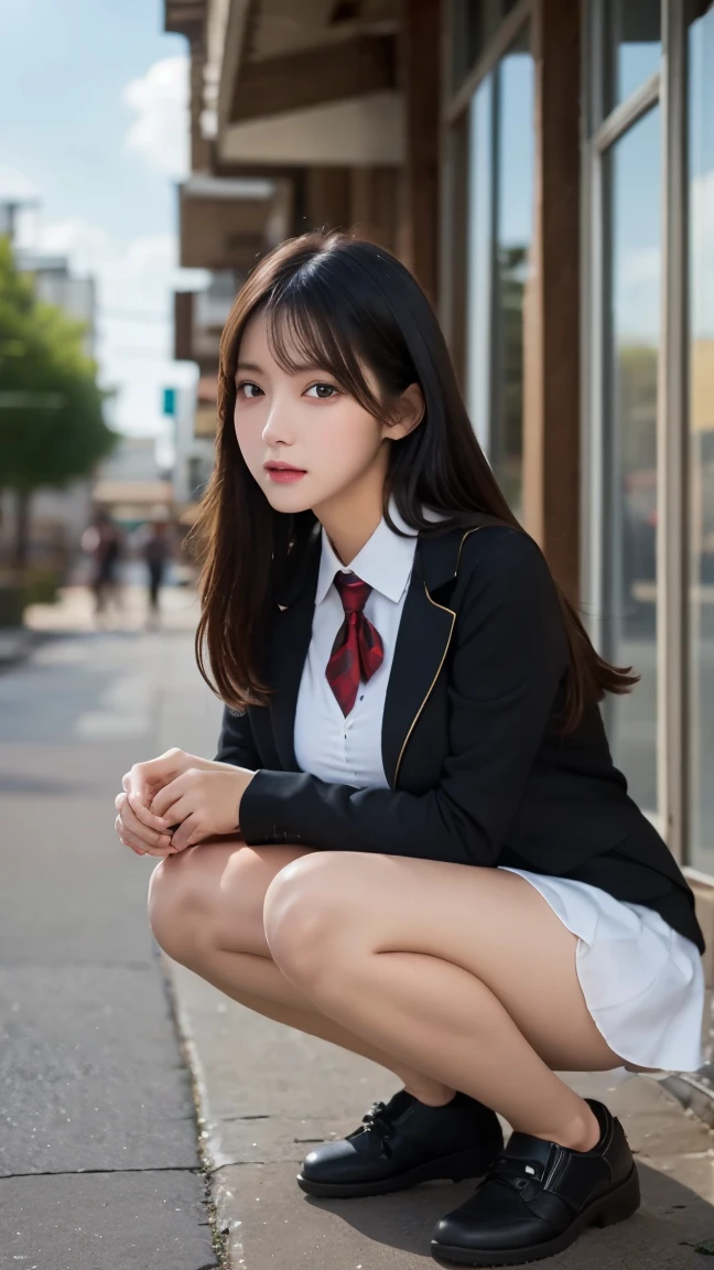 (8K), (highest quality: 1.2), (realistic), (realistic: 1.37), ultra high resolution, (1 girl), cute, smile, closed mouth, beautiful details, beautiful nose, wet hair, giant dulcefo, pork, thighs,self snap,University Student Uniform,simple blazer,pleated skirt,(The pattern of the skirt and tie is a tartan check pattern....:1.3),(sitting:1), sit on the ground,(hug your feet:1),(Pink tights),from the front,knees,panties