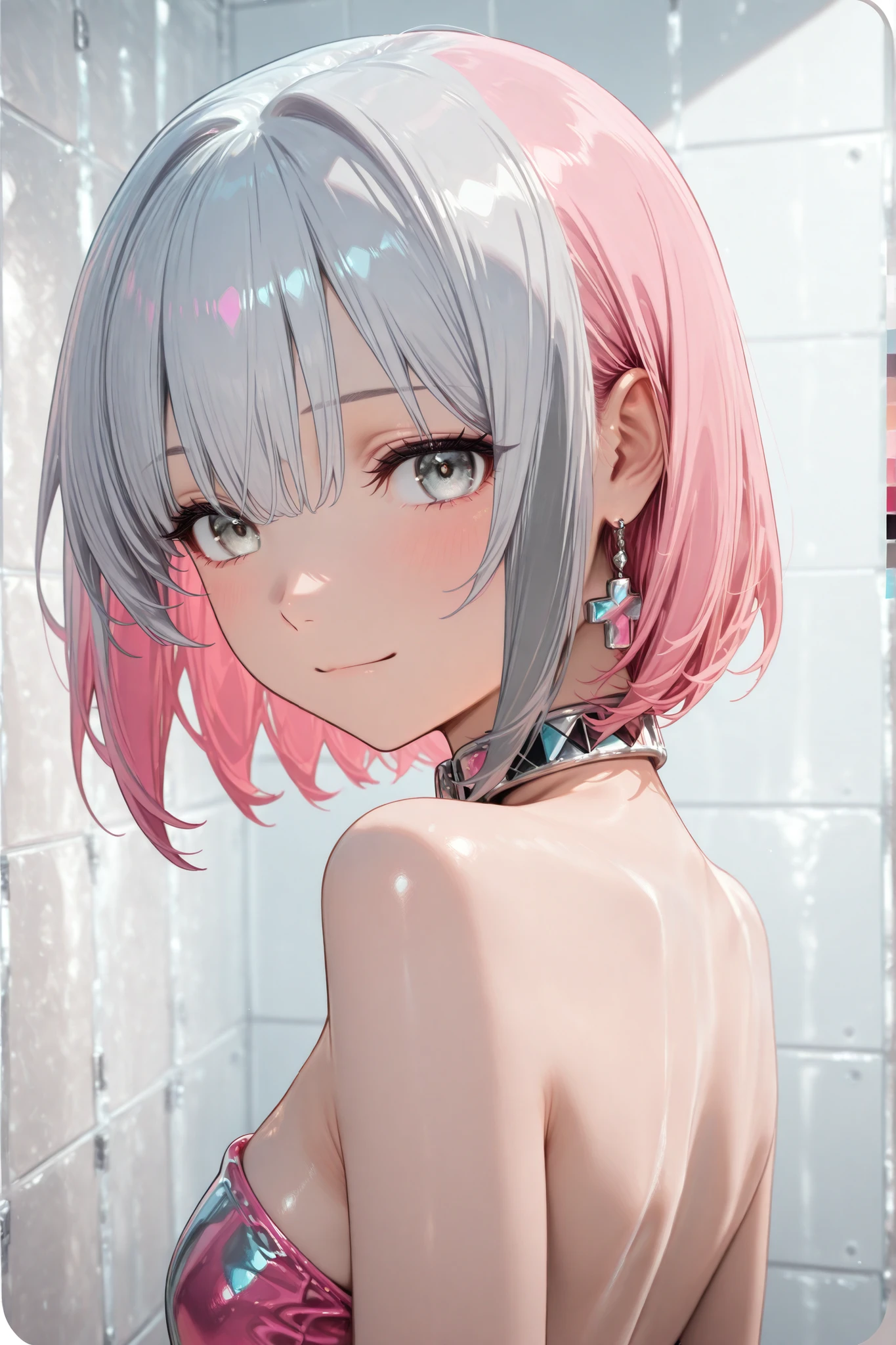 ((masterpiece、Highest Quality:1.5、high chroma:1.5、ultra details、high-resolution illustrations:1.5、Ultra-high-definition CG、8k size wallpaper、Official Art))、Looking Back(1 girl),(a light smile
:1.5)、( bright face:1.3),
(Silver only color scheme:1.5), ( Pink-only color scheme:1.5),(sexy body),(wear only black, Only wear blue),(Neck Holder Strapless Leotard),(short hair),
(upper body)、