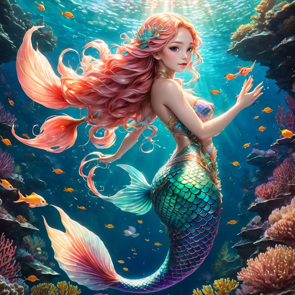cute 20 year old mermaid with rainbows colored hair with mermaid braids wearing beautiful hair accessoires coming out of the ocean surface, sunset, wears a rainbows glittery mermaid bra, beautiful mermaid, beautiful detailed human face, red lips, alluring eyes, elaborated mermaid rainbow tail, serene, masterpiece, full body shot, highres, high resolution, high quality, intricate details, extremely detailed, incredible details, full colored, complex details, insanely detailed and intricate, extremely detailed with rich colors. masterpiece, best quality, HDR, UHD, unreal engine, High quality, gorgeous, glamorous, 8k, super detail, gorgeous light and shadow, detailed decoration, detailed lines, glittery, fantasy, pretty colors, anime style

