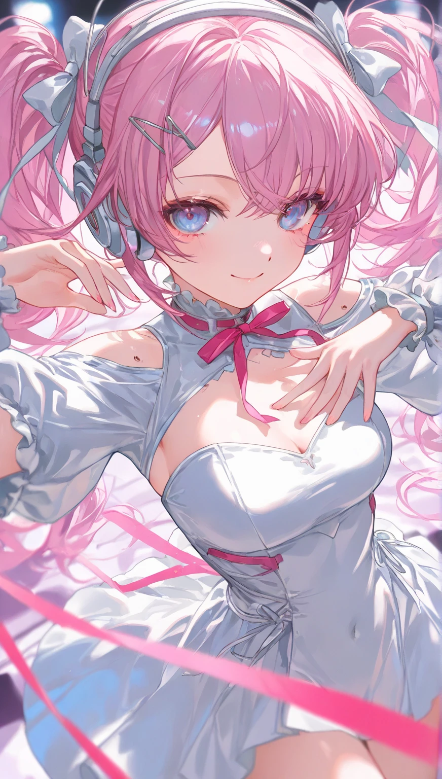 18 year old beautiful girl, ((((Masterpiece)))), (((Best quality)))), ((((Very detailed))), detailed fingers, illustration, 1 girl, Solo, Sabo eyes, Blue eyes, Pink bob cut, Shoulder out, Wide open chest, Red mini skirt, Pink knee socks, White long boots, Large breasts, Dynamic pose, YUI