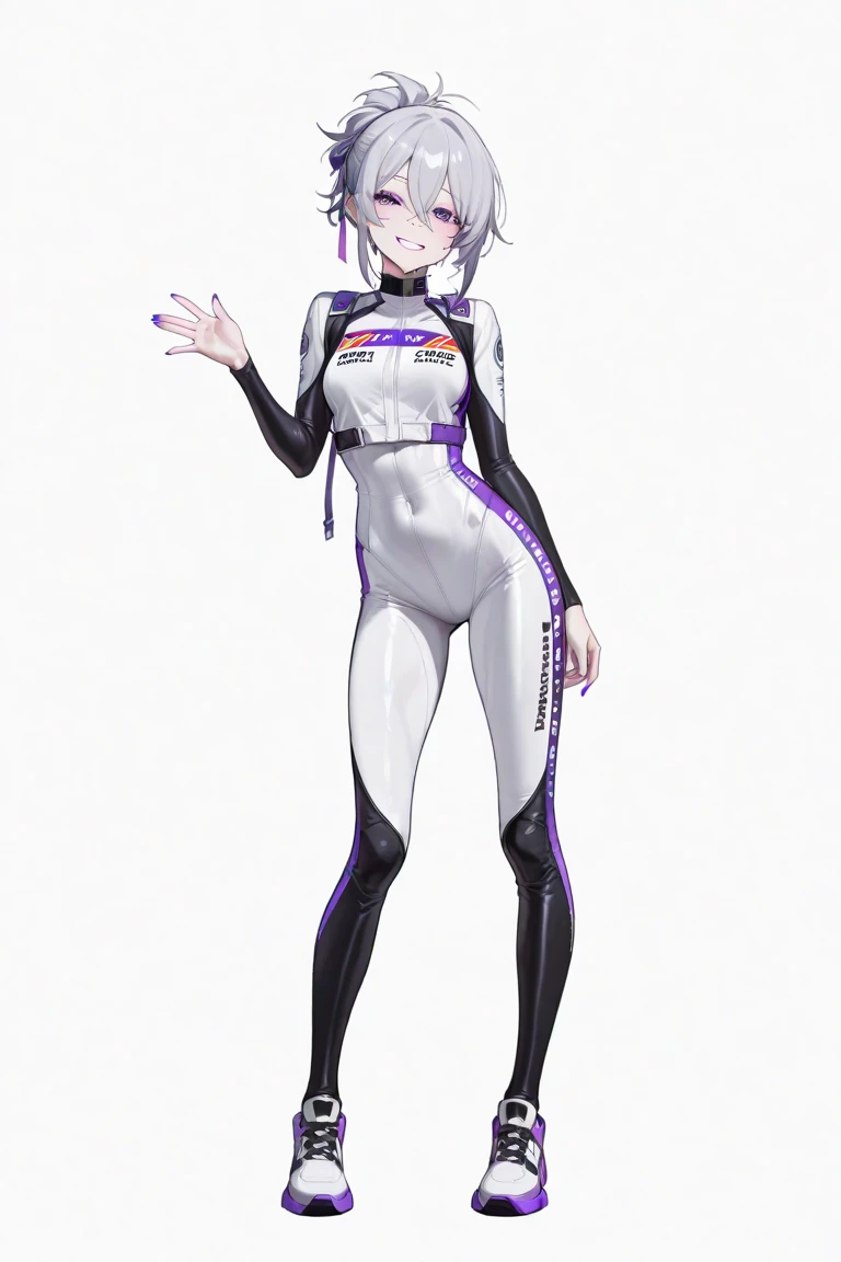(((one girl))),(((inaba tewi))),((touhou),(((red eyes))),(rabbit girl),(((black hair,short hair,wavy hair))),(((white rabbit ears,white floppy ears))),(((Black leather jacket))),(((pink full bodysuit))),((latex)), (shiny clothes:1.2),(((grin))),(((full body))),(((arm behind head))),(((model posing))),((((simple white background))),(((Diagonal angle)))
