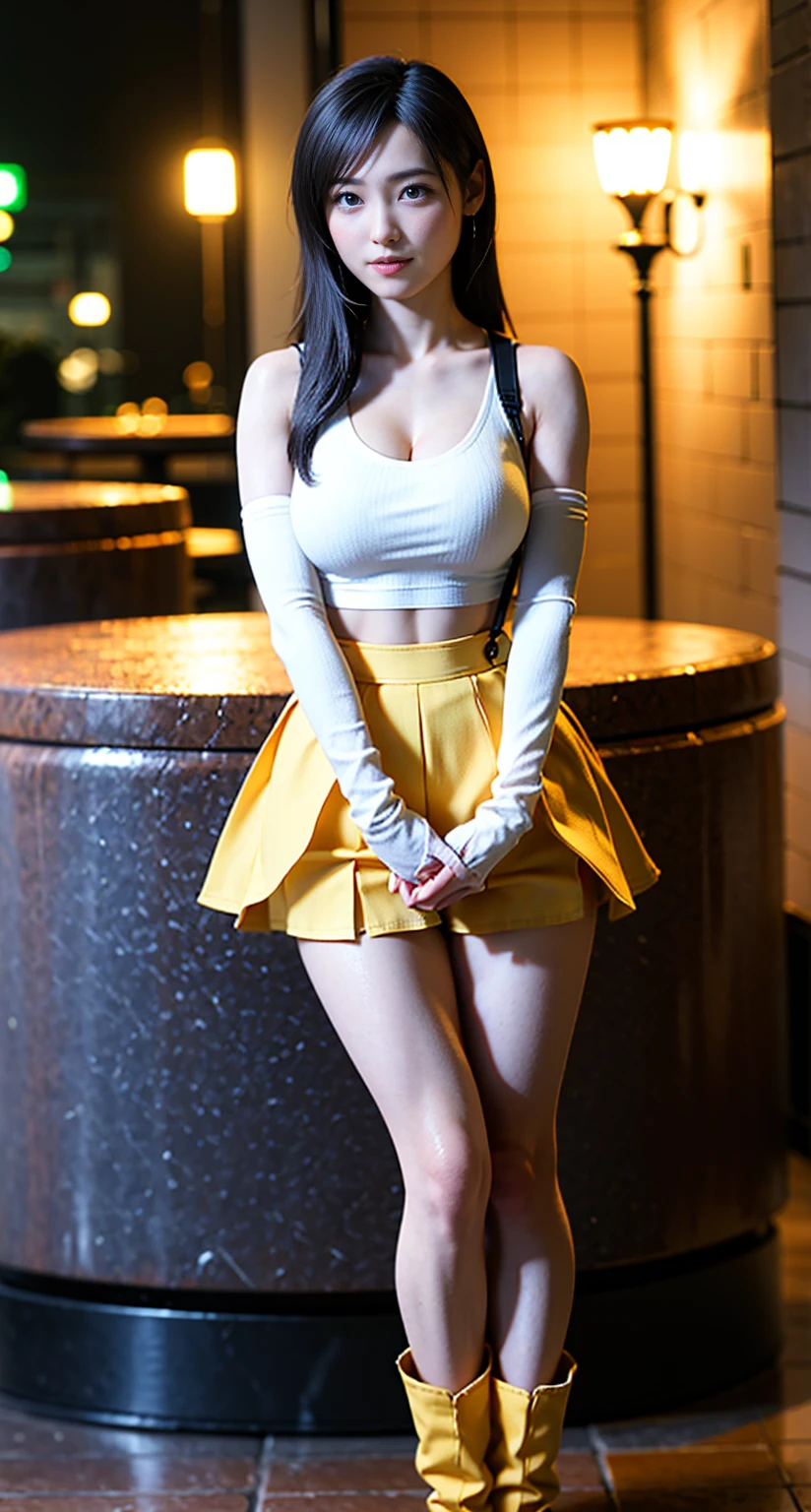 (((professional: step by step, final result god level))): "(Masterpiece, Best Quality), solo 1girl, sirase sakuya, black hair, Long hair, Ponytail, skinny, big breasts, White collar shirt, plaid miniskirt, tie, Looking at viewer, arms UP, (legs open standing:1.1), , juice, Socks, Shoes, clenched teeth, (frown, blush:1.2), yellow eyes, (street:1.2), (((night sky)))", low front view