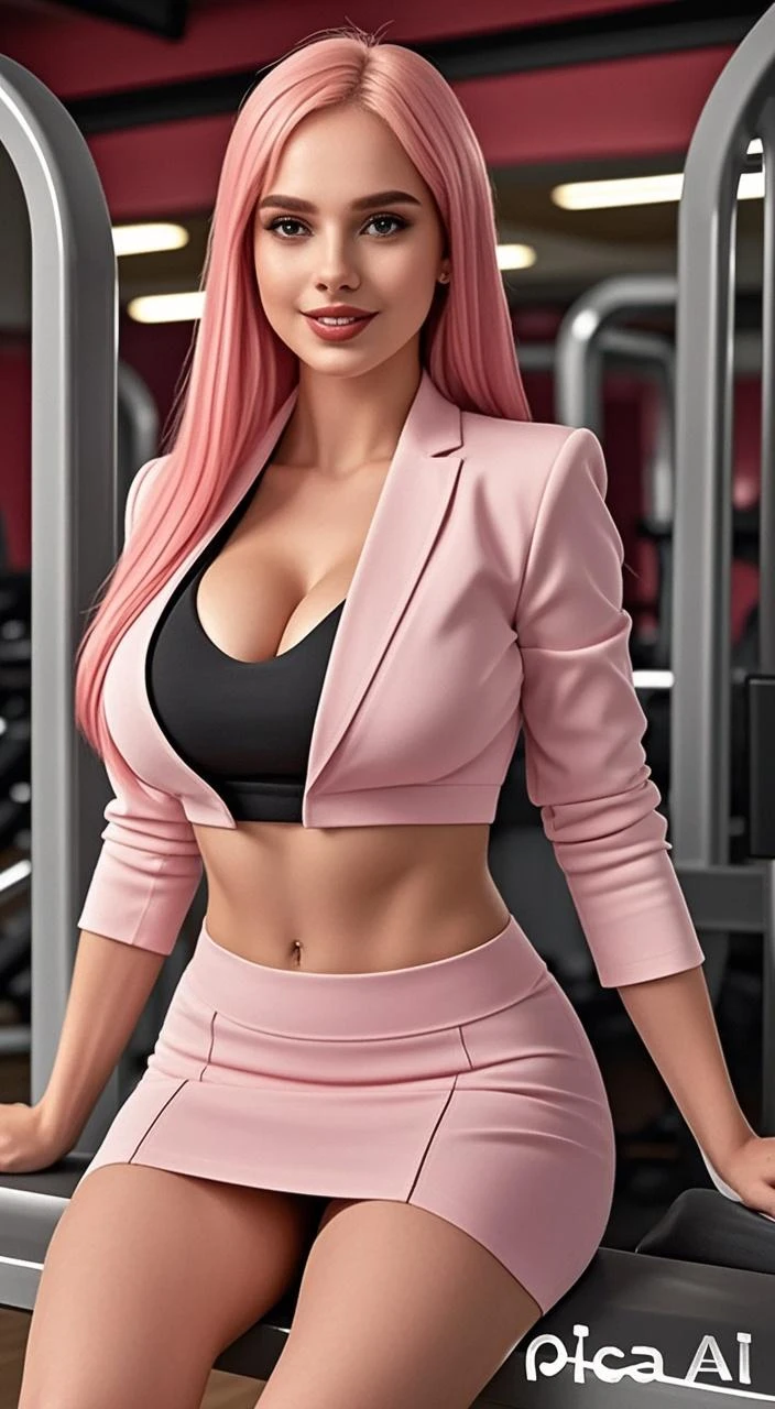 A female wrestler with big breasts in a pink business suit, pink hair, detailed facial features, detailed body, muscular physique, dramatic pose, colorful vivid lighting, neon colors, surreal digital art, cinematic lighting, hyper realistic, 8k, best quality, masterpiece