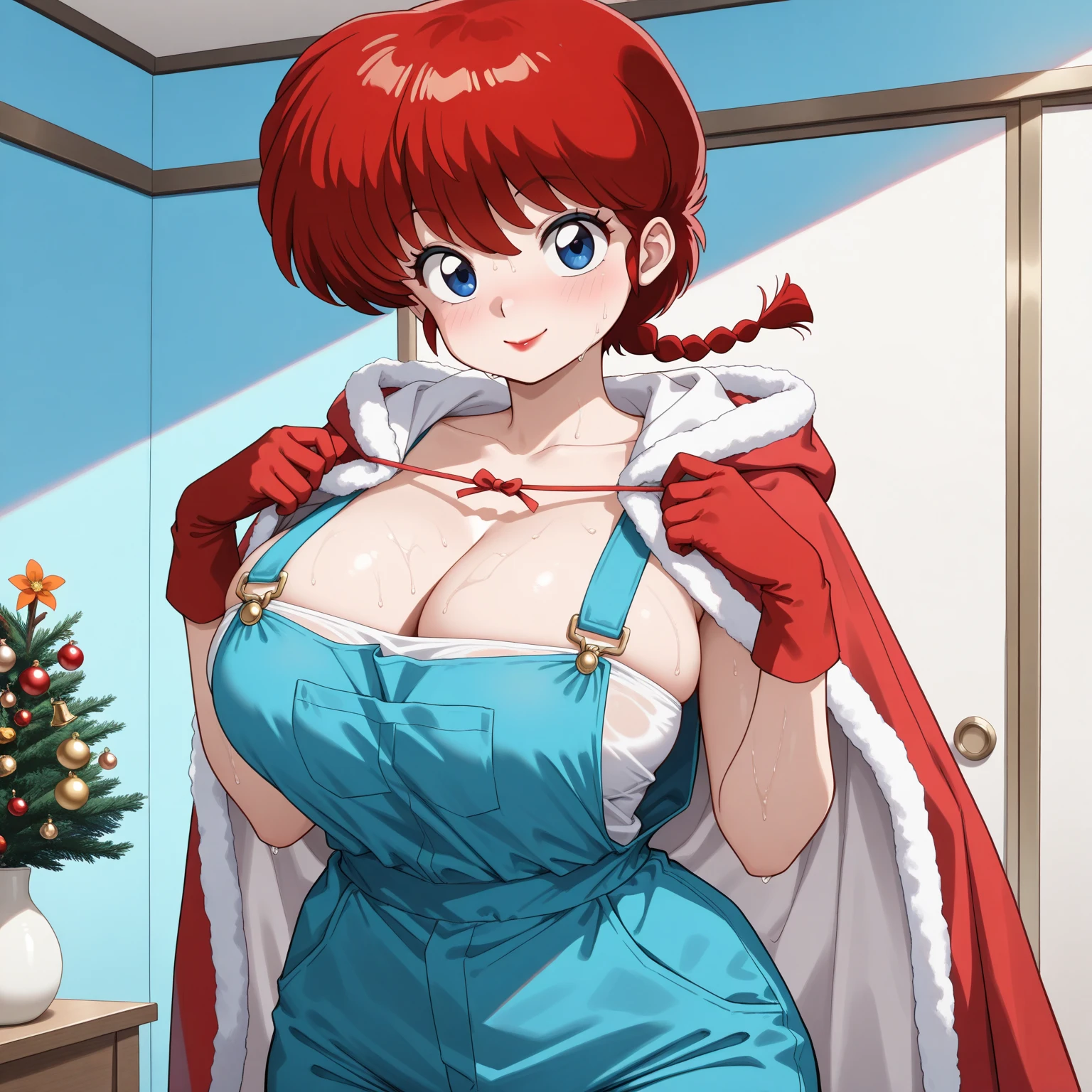 masterpiece, best quality, extremely detailed, 1girl, solo, yotsubanakano, (huge breasts:1.4), (((orange hair, short hair, blue eyes))), parted lips, (((collarbone, red latex bodysuit, long sleeves, orange gloves))), ((blush, naughty smile), closed mouth), ((hands on own hips, rooftop, winter, snowing))
