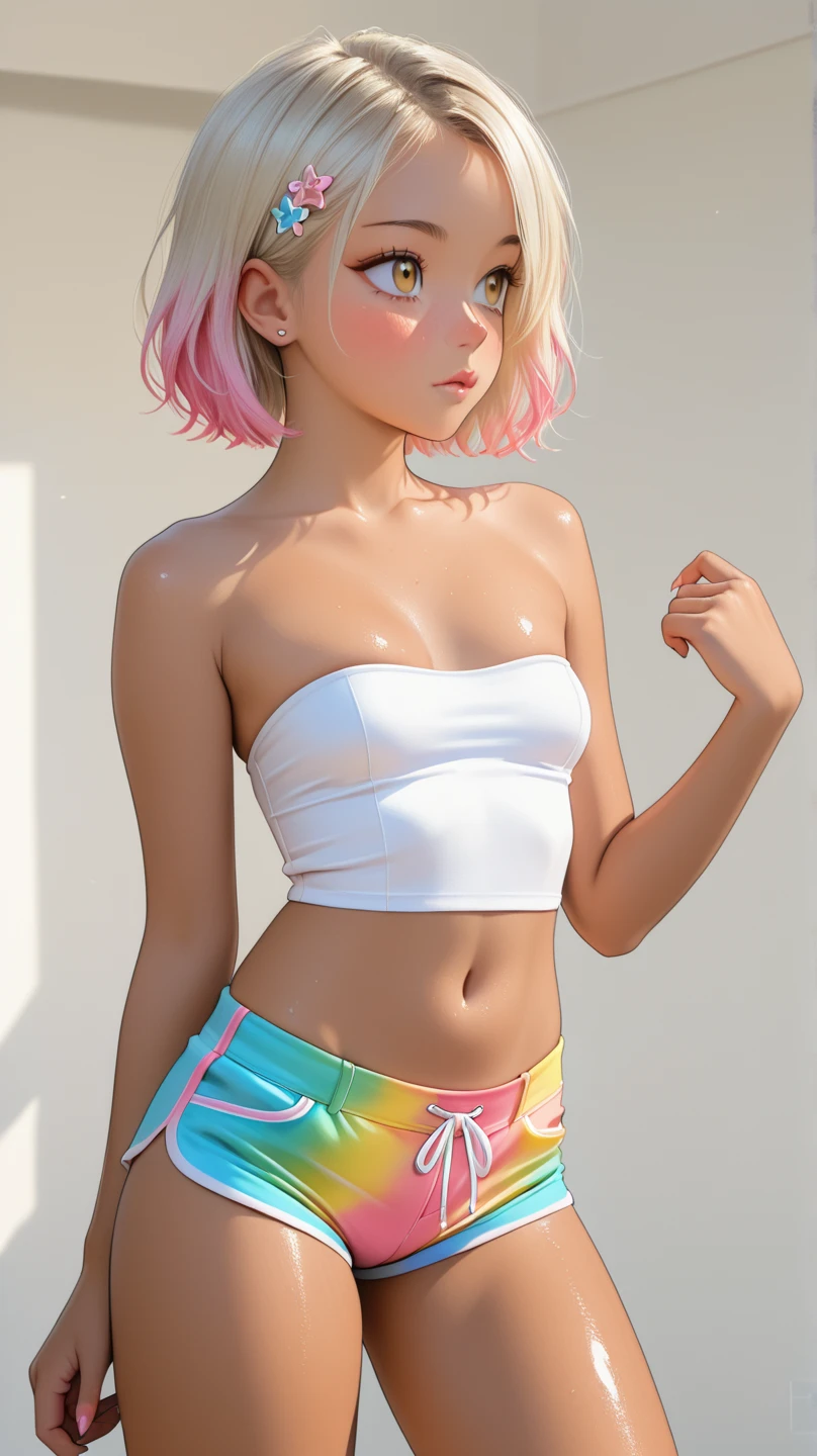 Wildlife, ((Best resolution)), ((high quality:1.2)), Work of art, 8k, extremely detailed, ((High detail:1.2)), (HotLexi woman), Solo, 24 year old Gyaru Japanese female, (mini-shorts, crop strapless), (beautiful perfect face:1.23), Kizi,(eyes looking off to side), Highly detailed, Amazing work,Vitreous luster, blues, yellows, Best quality at best,shiny skin, no background, colorful background, green background, pink background, gold, background, sexy pose, dynamic pose, heavy blushing, small breasts, ahegao, sweaty, heavy blushing, tongue out,