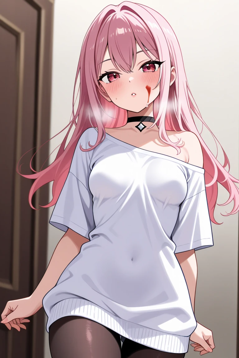 realisticlying、女の子 1 人、Pink hair、length hair、Small black ribbon、radiant eyes、(Colossal tits), White T-shirt, croptop, leather pant、Shoot head-on, Open your crotch wide, Hands on the buttocks