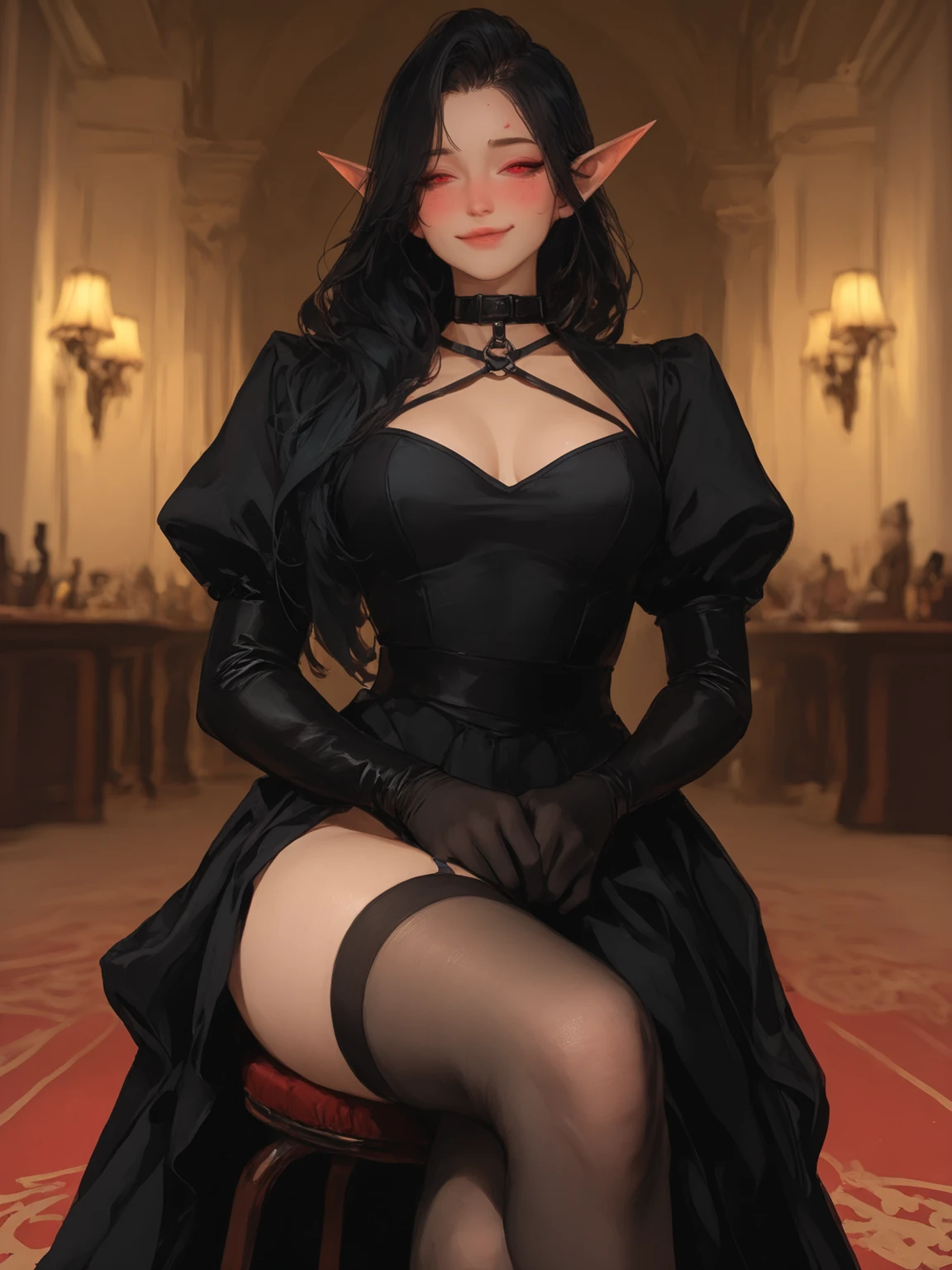 [(Luxurious and elegant home):1.2|(Luxurious interior design):0.9], featuring a sizzling hot maid with a sexy body, but digusted expressions, (1 girl), [blue eyes,long black hair:1.2,skimpy french maid uniform,white apron,bow tie,maid headwear,panties,whihe long stockings, open legs), serving tea on a silver tray, (suggestive pose), [elegant furniture, luxurious decoration, dim lighting, refined gold accents, crystal glassware]