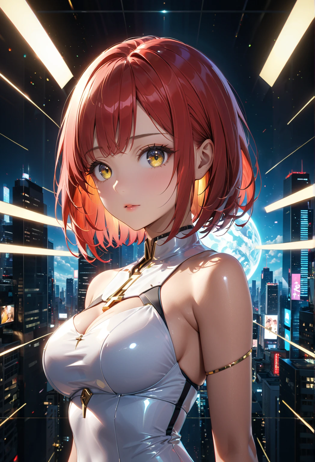 (upper body, beautiful dress), (best quality, masterpiece, high quality, 1girl, solo, (upper body, beautiful dress), illustration, beautiful detailed girl, beautiful detailed glow, beautiful detailed eyes, highres, detailed, high resolution illustraion, ultra-detailed, detailed background, beautiful detailed face), ((background: Generate a 3D banner image showcasing a futuristic cityscape at sunset. Incorporate realistic textures and lighting effects to emphasize the depth and realism of the scene. Highlight tall skyscrapers, neon lights, and flying vehicles, creating a sense of awe and wonder.))