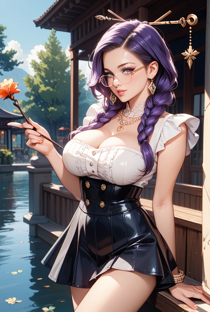 masterpiece, best quality, ultra-detailed, 1girl, solo, kochou shinobu, multicolored hair, no bangs, hair intakes, purple eyes, forehead, wisteria, black shirt, black pants, haori, butterfly, standing waist-deep in the crystal clear water of a tranquil pond, peaceful expression, surrounded by lush green foliage and wildflowers, falling petals, falling leaves, large breasts, cowboy shot, buttons, belt, light smile