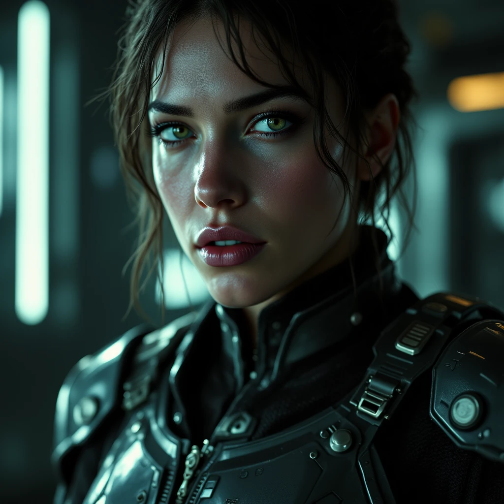 Eve Maguire crazy scientist, disheveled hair, hallucinatory features in smoky lab with backlight panels, arms slightly blackened, octane render, dark fantasy, 4k 8k cinematic, sci-fi, horror movie, film noise, Vibrant colors, futuristic fashion, Ethereal lighting, Surreal, Highly detailed, Digital painting, Trending on Artstation, Concept art, smooth focus, art by artgerm and wayne barlowe and greg rutkowski and zdislav beksinski