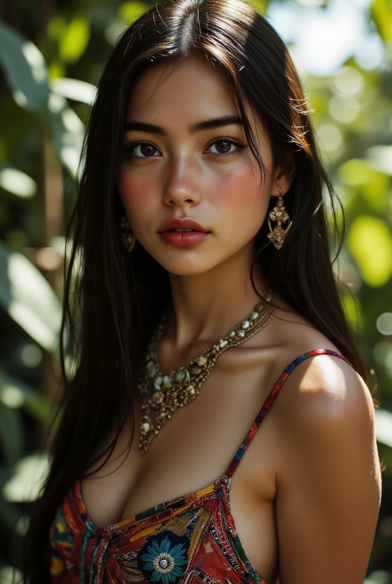 A stunning young indigenous woman in a lush jungle setting. She has smooth bronze skin, long straight black hair, and expressive dark eyes. She wears traditional handcrafted jewelry and a vibrant outfit made from natural fibers and colorful patterns. Her expression is serene yet full of life. Sunlight filters through the trees, highlighting her natural beauty. High detail, soft cinematic lighting, portrait focus.
