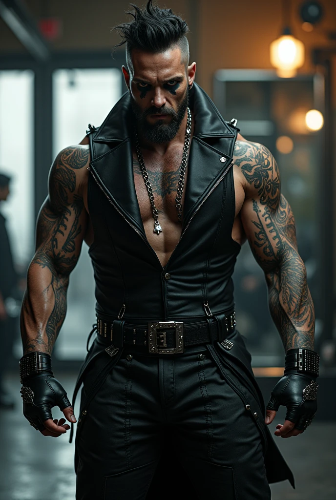 From below, a side view of a muscular man in full leather BLUF uniform, Tom of Finland style, all black leather, leather shirt, leather pants, tall leather shiny boots, wearing a long black sleeved leather coat with metal studs and zippers like a rocker leather jacket and a massive, exxagerated, stiff tall high collar turned up tight against the sides of his face completely, like a spy’s coat. The collar must cover his ears and sides of the head completely.

Detailed facial features, extremely detailed muscular physique, lots of chest hair, hairy chest, masculine tattoos, large penis, massive outline of bulging penis, fierce and intimidating expression, commanding pose, black mohawk, bearded face, clear and sharp lighting, photorealistic, cinematic, hyper-realistic, high quality, 8k, ultra-detailed, physically-based rendering, studio lighting. Massive bulge. Big penis outline.

Stiff Leather collar exxaggerated to the top of the head. Turne-up collar very high and stiff. Slick black leather, very polished.

Wearing tight long gauntlet black leather gloves and aviator black reflective rayban glasses.