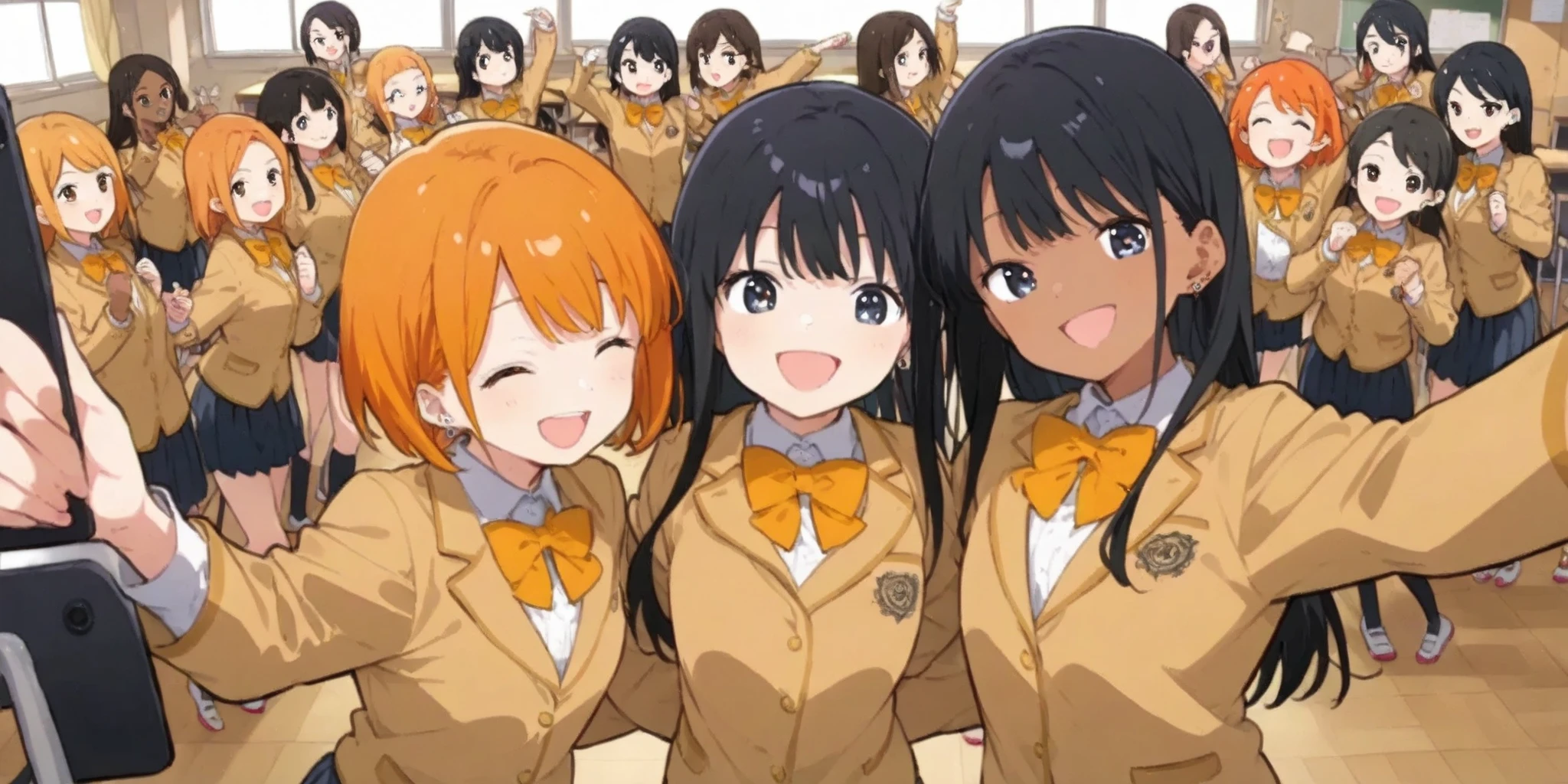 High school girls happily taking selfies、Women's A 、(brown skin, Gold,Gyarupi、Smiling face)、Girl B 、(long black hair、piercing、posing in good looks)、Women's c、(orange hair、short bob、dancing)、all looking at the camera、Classroom、There are a few students