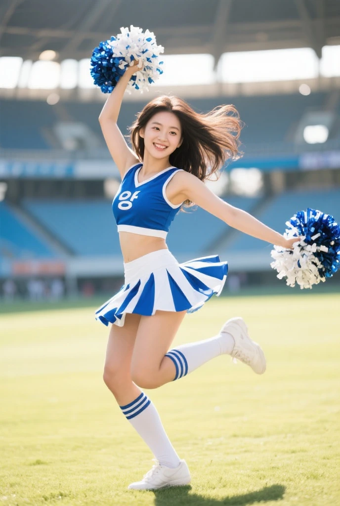 (Masami Nagasawa　jumping high kick),(white panties),(shoot from below),cheerleader open thighs,coverd nipples,
1 girl, solo, cheerleader, perfect hands, open mouth, smile, long hair, blushing, brown hair, ponytail, belt, (fox tail), (fox ears), navel,crop top, blue skirt, pleated skirt, midriff , removable sleeves, elbow gloves, looking at viewer, outdoors, stadium, blurred background,blue sky,