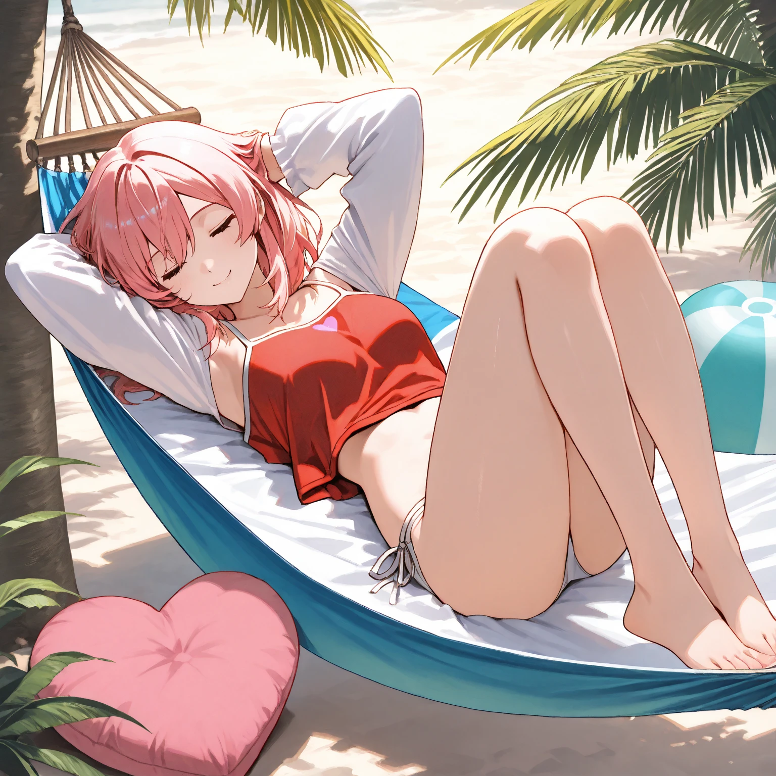 A vibrant, detailed image of Sakura Haruno from the anime Naruto, relaxing on the beach in a white bikini. She is lying down, with her eyes closed, enjoying the hot sun to get a tan. Her body is on display, showing her athletic and feminine shape. The surrounding scenery is a paradisiacal beach, with fine white sand, turquoise sea and some palm trees in the background. The sun shines brightly in the clear sky, creating an interesting contrast with Sakura's tanned skin. The image should convey a feeling of tranquility and natural beauty.