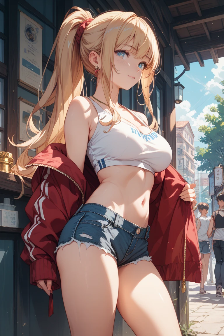 1girl, full body, summer, village, trees, sun, clouds, ((colorful hair)), ponytail, large breasts, button down, blue eyes, ((red, white and green shirt)), ((unbuttoned shirt)), unbuttoning buttons, ((short sleeved shirt)), black mini skirt, brown shoes, grin, looking at the viewer, standing, red, white and green hair ribbon, cleavage, ((golden necklate))