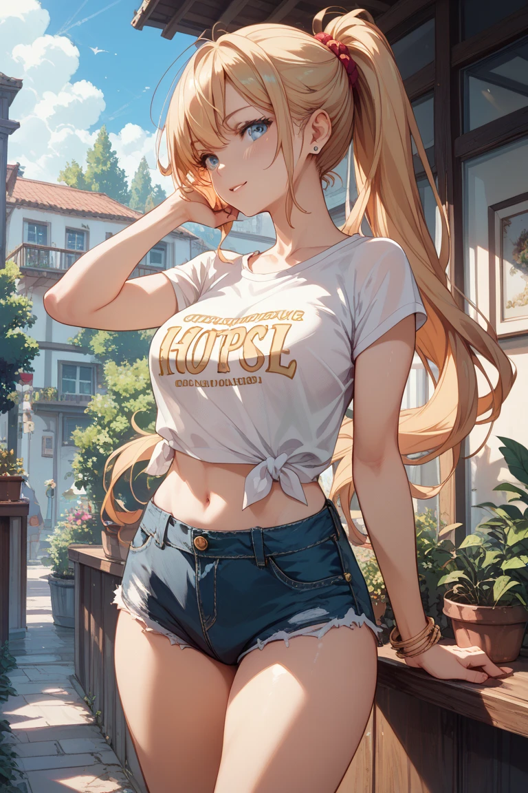 (masterpiece), best quality, hair over one eye, perfect face, mature male, (1boy, man), solo, blond hair, messy hair, standing, red eyes BREAK castle outskirts, balcony, ocean, blue sky, from behind, looking away, sleeveless, white shirt, blue pants BREAK