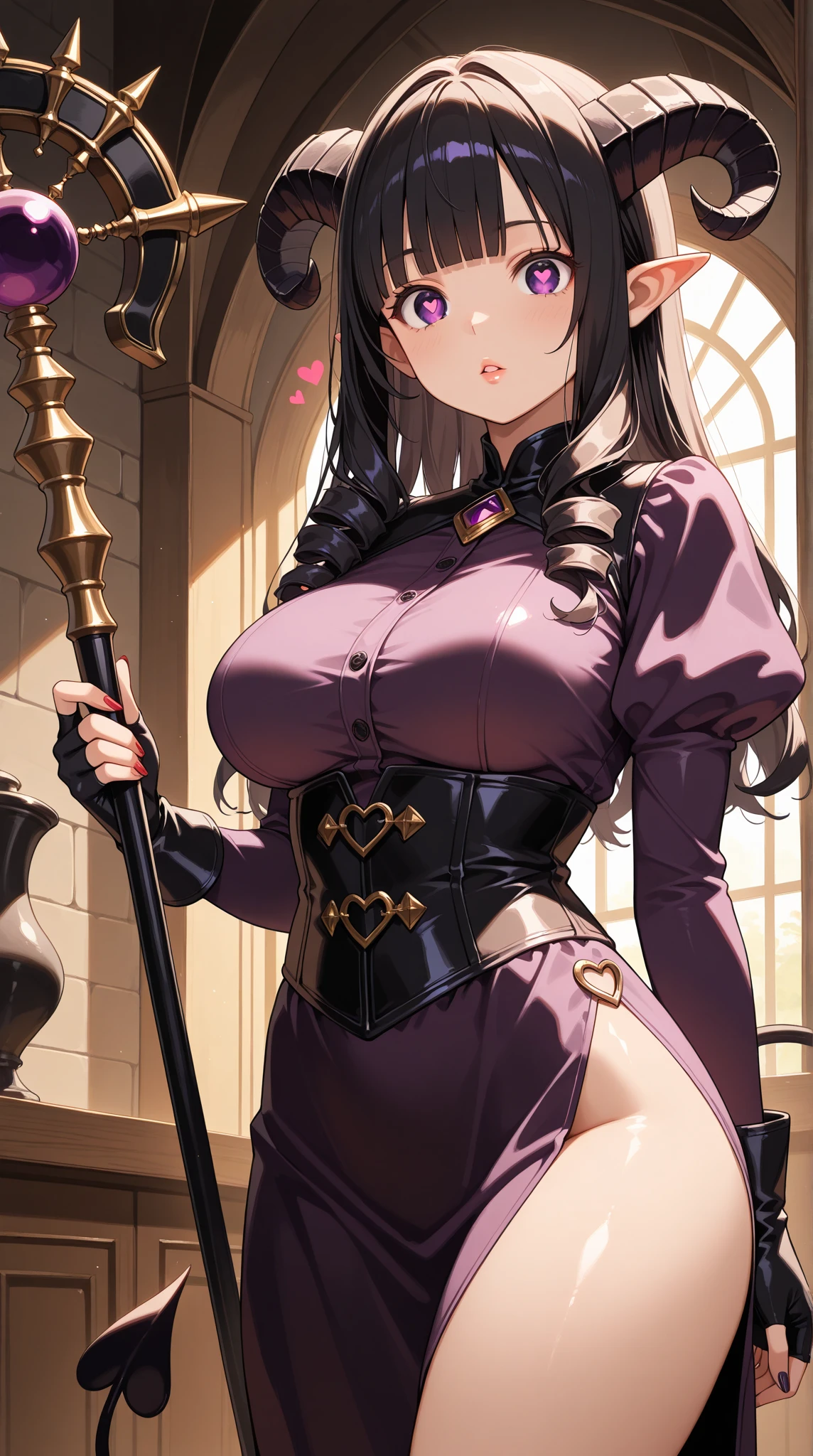best quality, highly detailed, masterpiece, high res, 8k, detailed background, cinematic, detailed eyes, deep eyes, fine handshape, perfect face, curvy figure, fair skin, brown hair, perpetual pink blush on cheeks, cleavage, large round eyes, red eyes, short hair with short bangs, a black low-cut blouse with pale pink design down the middle, pink miniskirt, black stockings, brown boots, holding a silver staff, casting a spell, energy gathering in the staff,