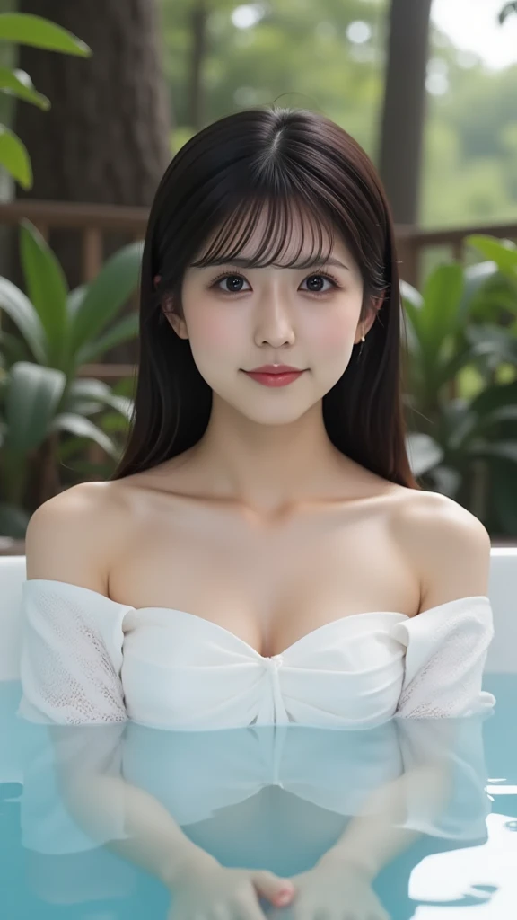 ​masterpiece、8K、32K、top-quality、(A cute Japanese woman:1.3)、detail portrayal、1 girl in、elegent、23years old、(Naked towel、Cleavage of:1.1)、(Colored leaves、Sunnyday:1.3)、Soaking in the open-air bath、细致背景、cowboy  shot、ssmile、rays of sunshine、(getting wet:1.2)