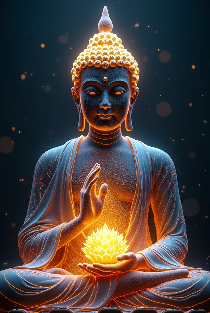 (masterpiece, best quality:1.2), A beautiful intricate Buddha statue , Wearing a golden cassock，Lotus position in yoga, A lotus，Solitary，Hands together，Body Glow，translucent的皮肤，Made of hard elastic silicone, glowing lines，Fluorescence,Glow Example，Sample trace，flash，萤Light Particles，Backlight，translucent，Light Particles，Blue gradient((Epic Star Gate))background